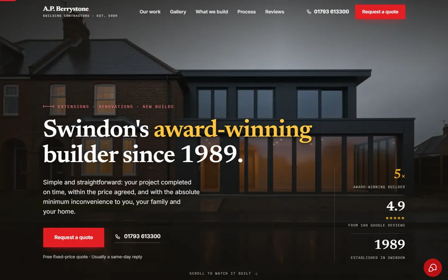 A.P. Berrystone Building Contractors's website, as it looks on a laptop