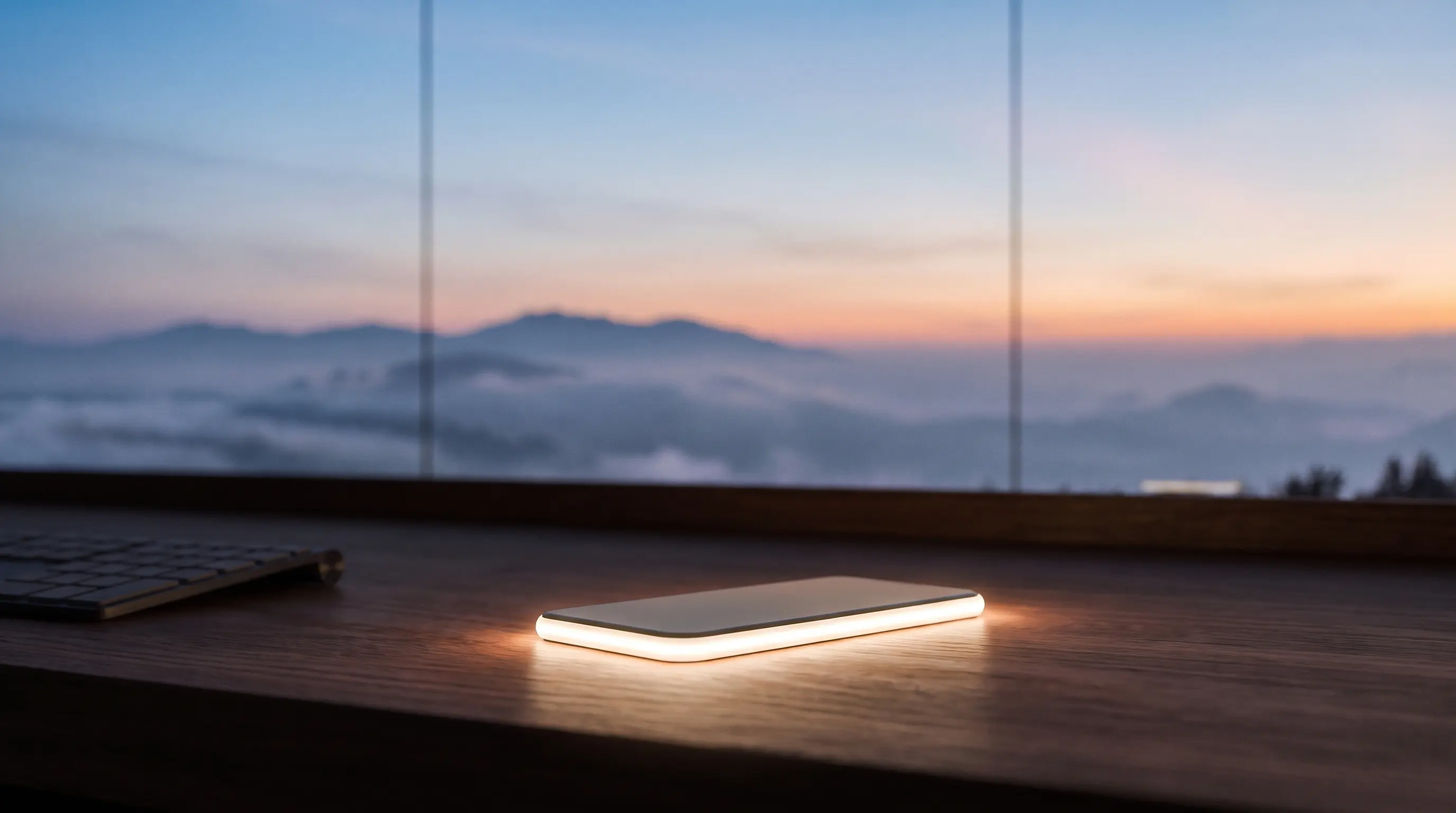 A phone lighting up with a call on a desk after hours
